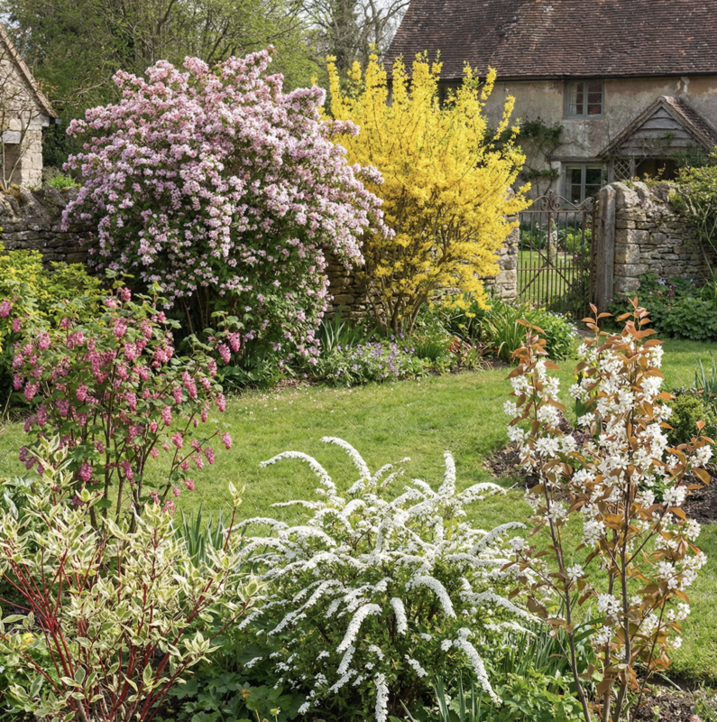 Blühhecke Sträucher und Bäume